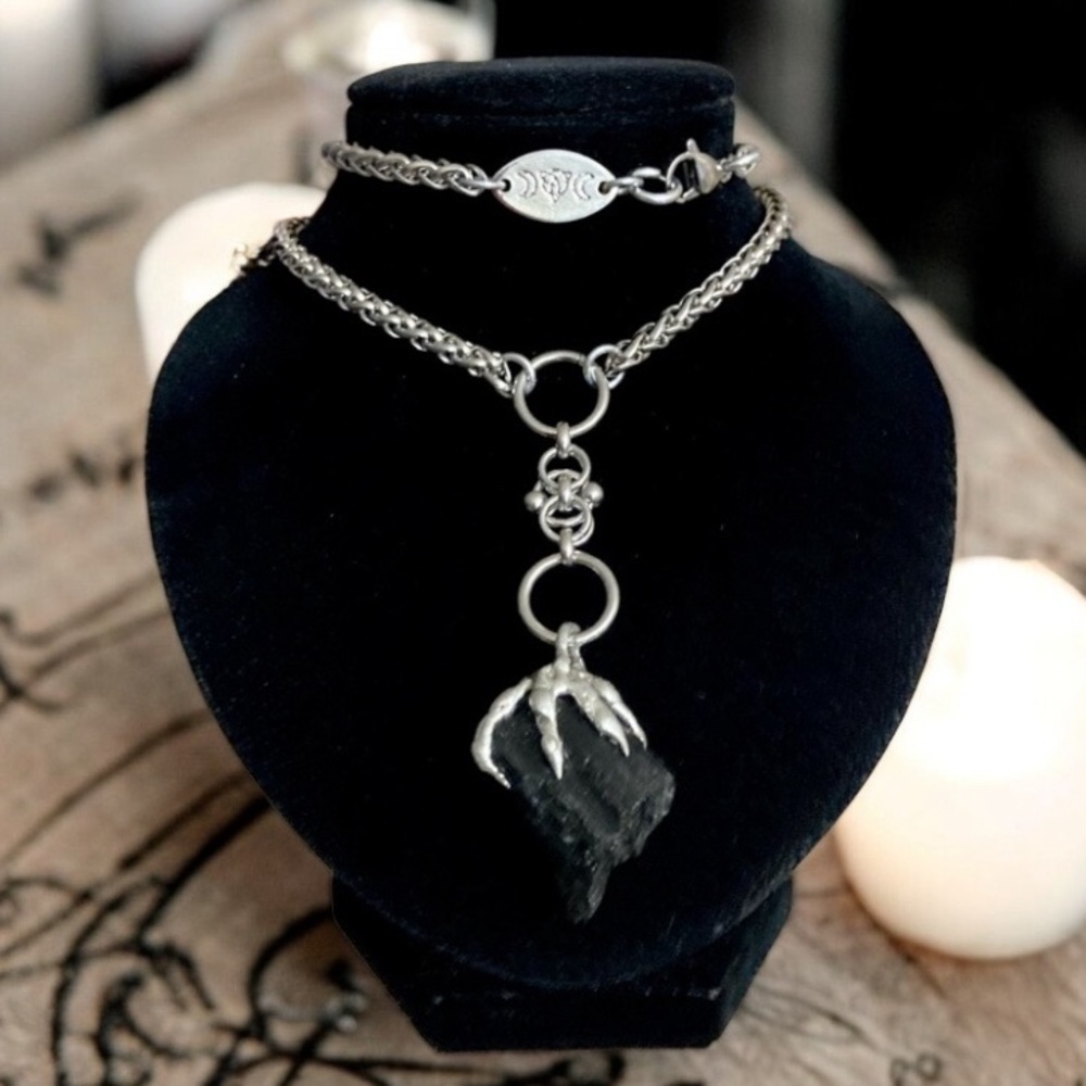 Black tourmaline gem stainless steel maille celtic knot lariat Y shape necklace